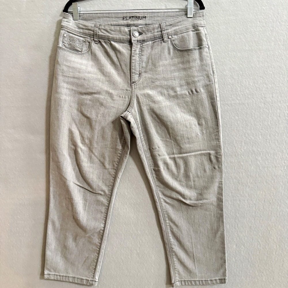 Chico's Platinum Jeans Womens 1.5 Gray Rhinestone Studded Cropped Capri Denim